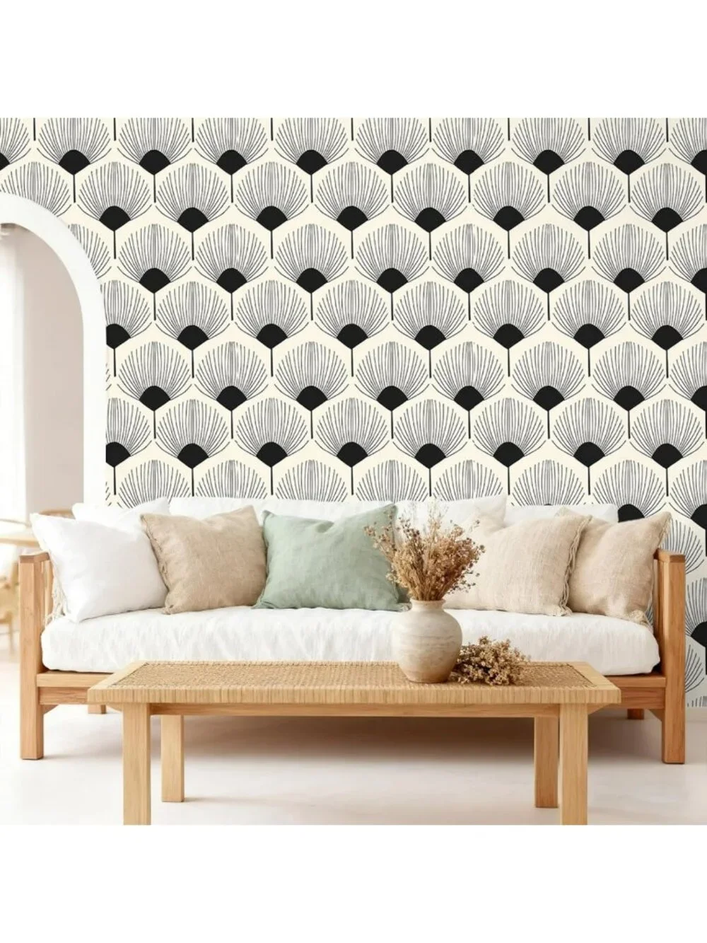 Modern Beige & Black Geometric Peel and Stick Wallpaper | Boho Art Deco Accent